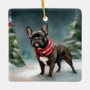 Ornement En Céramique Bouledogue français dans la neige de Noël