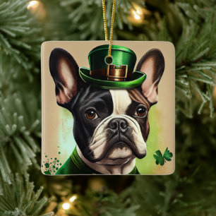 Ornement En Céramique Bouledogue français en tenue de la Saint-Patrick