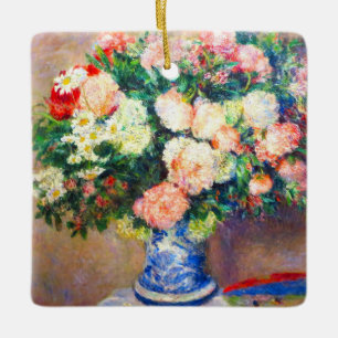 Ornement En Céramique Bouquet de chrysanthèmes et un fan japonais