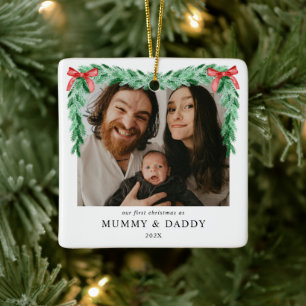 Ornement En Céramique Bow moderne premier Noël en maman et papa photo