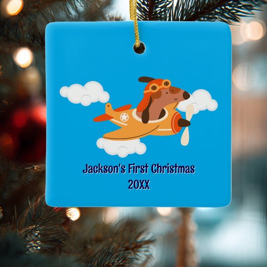 Ornement En Céramique Boy First Christmas Dog Pilot Airplane Cloud Funny
