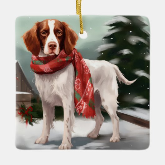 Ornement En Céramique Brittany Spaniel Dog à Noël de neige (Devant)