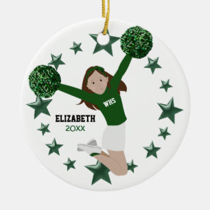 Ornement En Céramique Brunette Pom-pom girl Pom Poms Vert & Blanc