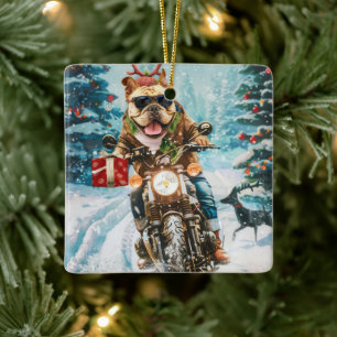 Ornement En Céramique Bulldog à moto Noël