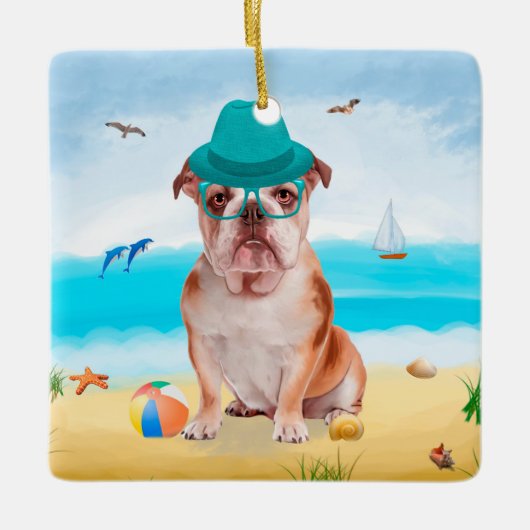 Ornement En Céramique Bulldog anglais sur la plage (Devant)