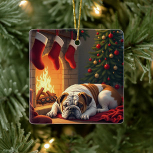 Ornement En Céramique Bulldog au coin du feu Noël Painting
