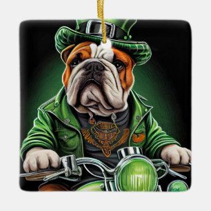 Ornement En Céramique Bulldog Driving Bike St. Patrick's Day