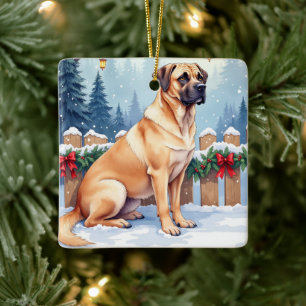 Ornement En Céramique Bullmastiff Forêt d'hiver Houx Art de Noël