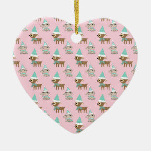 Ornement En Céramique Bunnies et rennes sur Pale Rose Holiday Art