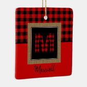 Ornement En Céramique Burap Buffalo Plaid Red Black Monogramme Nom (Droite)
