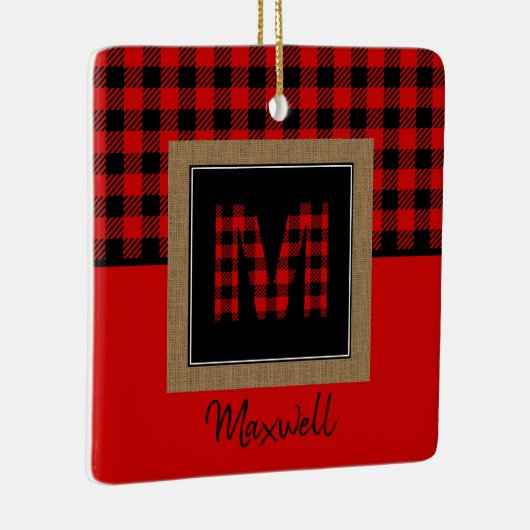 Ornement En Céramique Burap Buffalo Plaid Red Black Monogramme Nom (Droite)