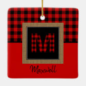 Ornement En Céramique Burap Buffalo Plaid Red Black Monogramme Nom (Dos)