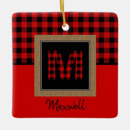 Ornement En Céramique Burap Buffalo Plaid Red Black Monogramme Nom (Devant)