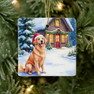 Ornement En Céramique Cabane rustique de Noël Chapeau de Santa Golden Re