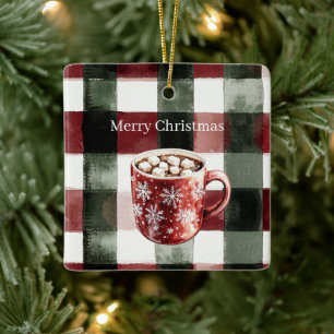 Ornement En Céramique Cacao de Noël aux flocons de neige à carreaux roug