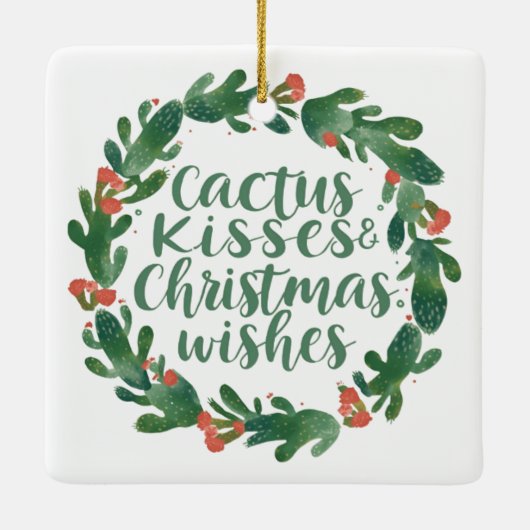 Ornement En Céramique Cactus Kisses & Christmas Wishes A Square Ornament (Dos)