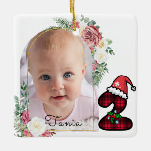 Ornement En Céramique Cadre floral pour 2ème Noël de bébé mignon avec de