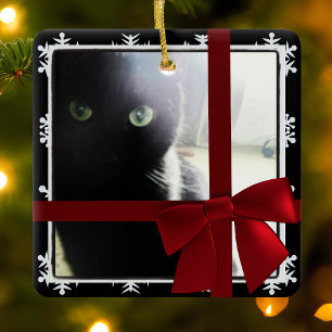 Ornement En Céramique Cadre photo de Noël pour chat noir avec ruban roug