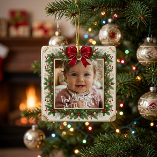 Ornement En Céramique Cadre photo de premier Noël de bébé Ruban rouge pe