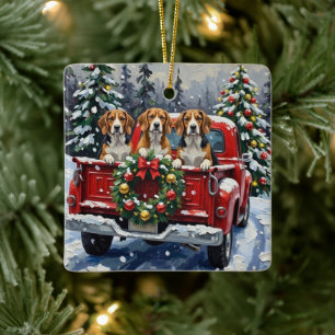 Ornement En Céramique Camionnette Rouge de Noël Beagle Fêtes
