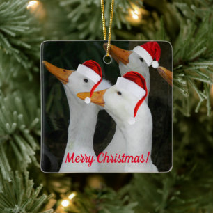 Ornement En Céramique Canards blancs portant des chapeaux de Père Noël