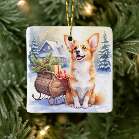 Ornement En Céramique Cardigan Welsh Corgi Festive Sleigh Christmas Art (Arbre)