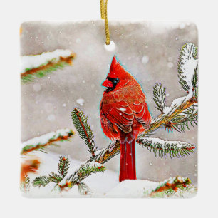 Ornement En Céramique Cardinal dans un pin en hiver