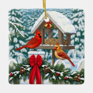 Ornement En Céramique Cardinaux et nourriciers d'oiseaux de Noël
