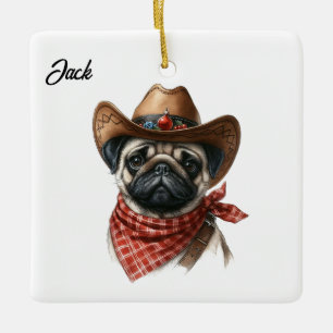 Ornement En Céramique Carlin de Noël personnalisé avec Cowboy Santa Hat