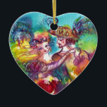 ORNEMENT EN CÉRAMIQUE CARNIVAL DANCE  BLUE SAPPHIRE HEART<br><div class="desc">Colorful , elegant and vibrant fine art design with romantic carnival dancers :Whimsical dance figures, beautiful blonde woman in feathered sparkling costumes is dancing with a young Harlequin. Watercolor painting in bright pink, fuchsia, green, red, blue, yellow colors , gold sparkles inspired from Comedy of Art (Commedia dell'arte ) and...</div>