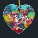 ORNEMENT EN CÉRAMIQUE CARNIVAL DANCE  BLUE SAPPHIRE HEART<br><div class="desc">Colorful , elegant and vibrant fine art design with romantic carnival dancers :Whimsical dance figures, beautiful blonde woman in feathered sparkling costumes is dancing with a young Harlequin. Watercolor painting in bright pink, fuchsia, green, red, blue, yellow colors , gold sparkles inspired from Comedy of Art (Commedia dell'arte ) and...</div>