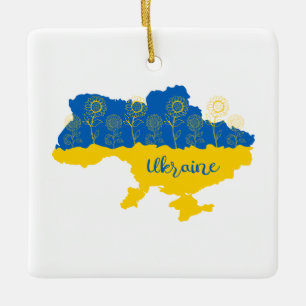 Ornement En Céramique Carte de l'Ukraine avec tournesol et drapeau ukrai