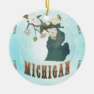 Ornement En Céramique Carte du Michigan avec de beaux oiseaux