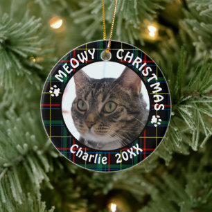 Ornement En Céramique Cat MEOWY CHRISTMAS 2 faces Plaid Noël
