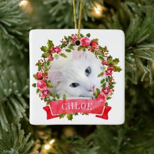 Ornement En Céramique Cat Photo Watercolor Wreath