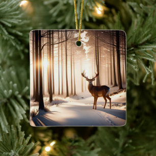 Ornement En Céramique Cerf de Noël dans la forêt hivernale