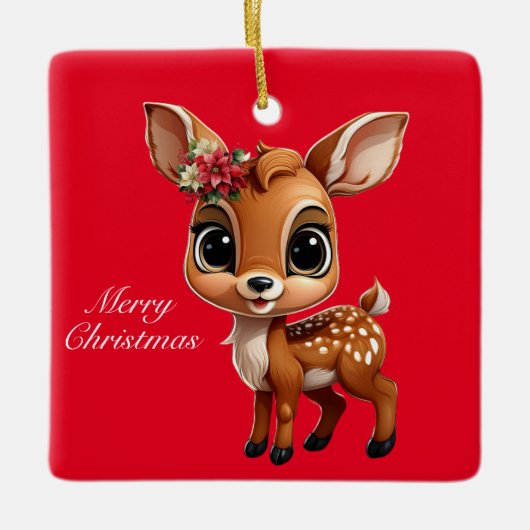 Ornement En Céramique Cerf, Faon, Biche 🦌 🎄 Joyeux Noël mignon, Rouge (Devant)