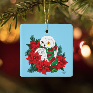 Ornement En Céramique Châle de Noël Festif Hibou Blanc Poinsettias Rouge