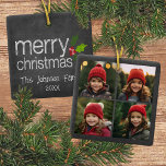 Ornement En Céramique Chalkboard Photo Collage Joyeux Noël Holly<br><div class="desc">Un design simple et moderne qui met en valeur vos photos. Si vous avez des problèmes avec votre image ou texte,  cliquez sur le bouton personnaliser et vous pourrez déplacer les choses et apporter des changements.</div>