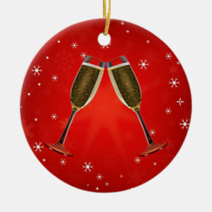 Ornement En Céramique Champagne Glasses Célébration Gold sur Red