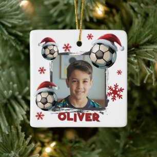 Ornement En Céramique Chapeau de Noël de Santa Football Soccer Nom Photo