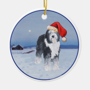 Ornement En Céramique Chapeau de Père Noël avec Old English Sheepdog
