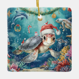 Ornement En Céramique Chapeau de Père Noël Tortue Sous la Mer Fête de No
