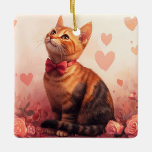 Ornement En Céramique Chat Abyssin avec des Roses - Saint-Valentin