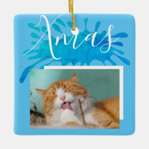 Ornement En Céramique Chat Animal Bleu Noël Écriture Noël Photo