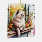 Ornement En Céramique Chat beige perse en fenêtre avec Fleur aquarelle (Droite)