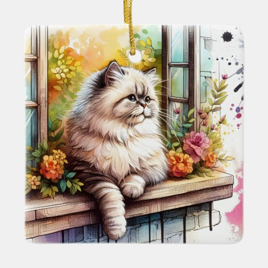 Ornement En Céramique Chat beige perse en fenêtre avec Fleur aquarelle (Devant)