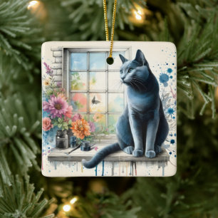 Ornement En Céramique Chat bleu russe dans la fenêtre avec Fleur aquarel