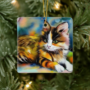 Ornement En Céramique Chat couché, aquarelle -
