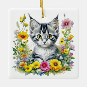Ornement En Céramique Chat Fantaisiste et Fleurs Noël Personnalisé